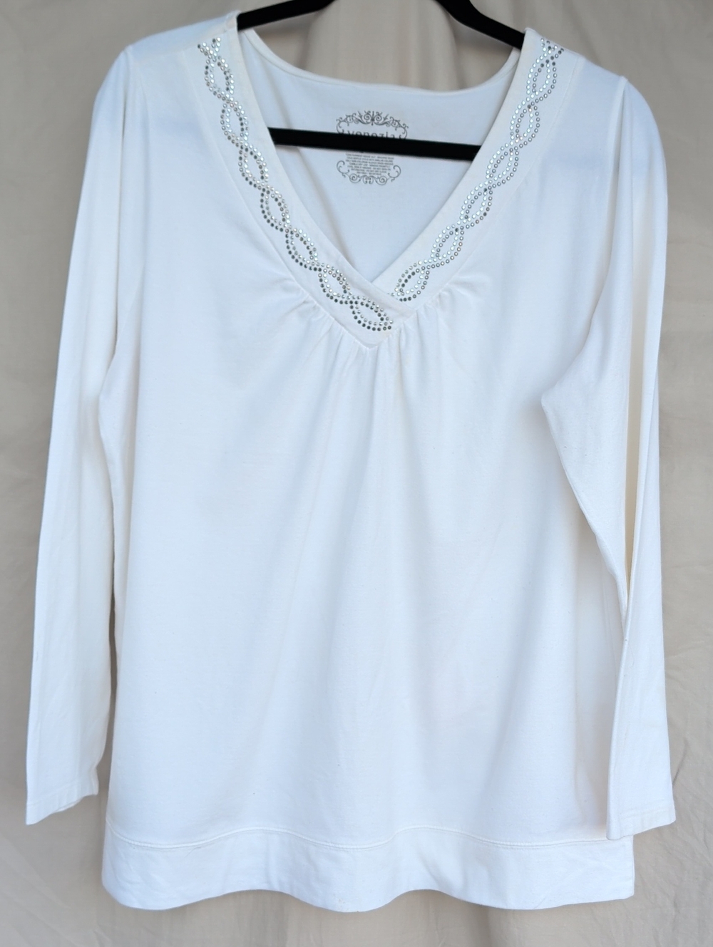 Venezia White Long Sleeve V-Neck Top with Rhinestone Trim
